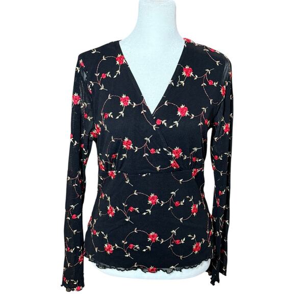 Vintage 90s Y2K Shirt Women Medium Black Mesh Lettuce Hem Sheer Floral Red Rose‎ - Picture 1 of 11